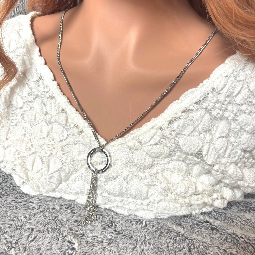 Western Circle Pendant Tassel Necklace Silver Tone Chain Y2K Boho Dainty 21784